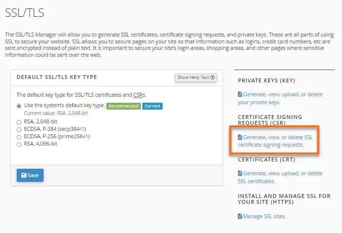 گزینه‌های SSL/TLS در cPanel